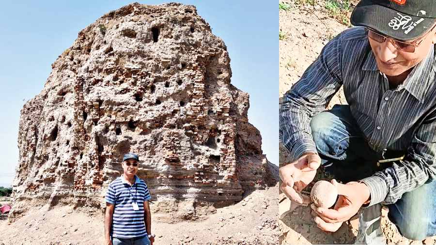 OLD EARTH: Sandipani Bhattacharya at Harnaul in Haryana; (Right) he displays a round stone used in weighing scales around 5,000 years ago. 