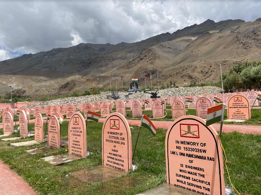 To the west of the memorial is Veer Bhoomi, where rows of epitaphs stand out against the barren Ladakh mountains. It is dedicated to Indian soldiers who went beyond the call of duty since 1947, in operations other than Vijay