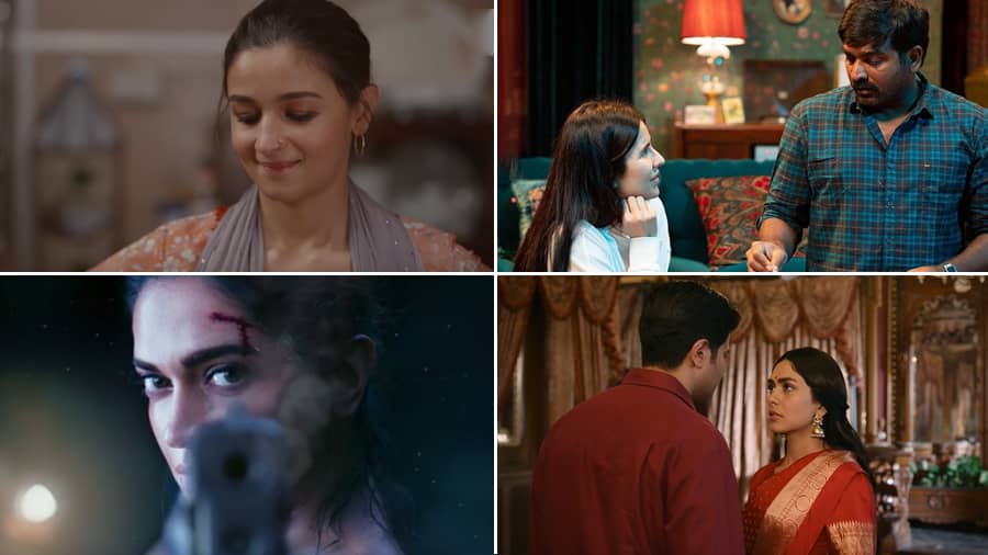 (L-R Clockwise) Stills and posters of ‘Darlings’, ‘Merry Christmas’, ‘Sita Ramam’ and ‘Pathaan’.