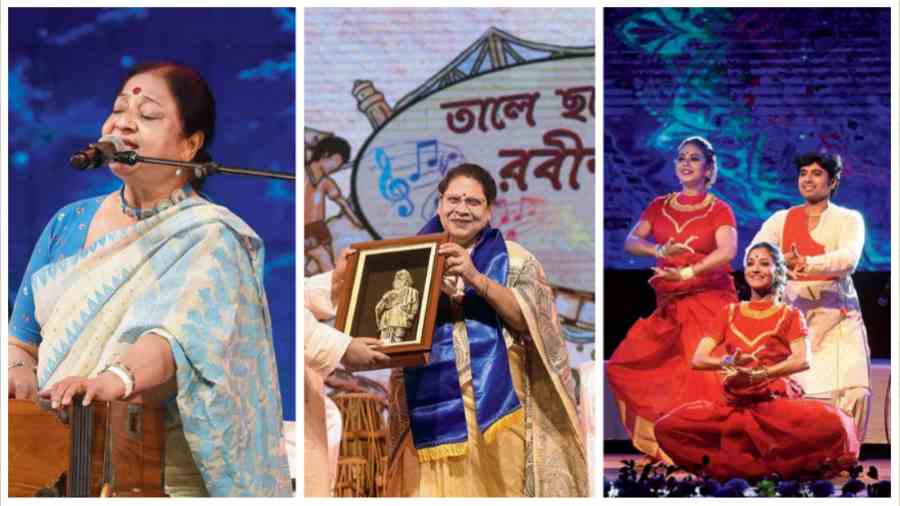 (L-R) “It gives me great satisfaction to know that Rabindrasangeet still occupies a special place in the hearts of Bengalis,” said Indrani Sen. The lilting melodies of her rendition of Ashar kotha hothe aji echoed the rhythm of the rain, while Hai pothobashi was a compassionate cry for succour and relief from hardships;  The programme was inaugurated by Lok Sabha MP Mala Roy, who was also felicitated by members of the executive committee of Calcutta Police Club; “This programme deserves special praise because it shows us the way and reminds us of our responsibilities as human beings to help one another,” said Tanusree Shankar, whose students presented three choreographic compositions (Joyo tobo bichitro anondo, Tomar khola haowa and Bipul torongo re) based on Tagore’s songs.