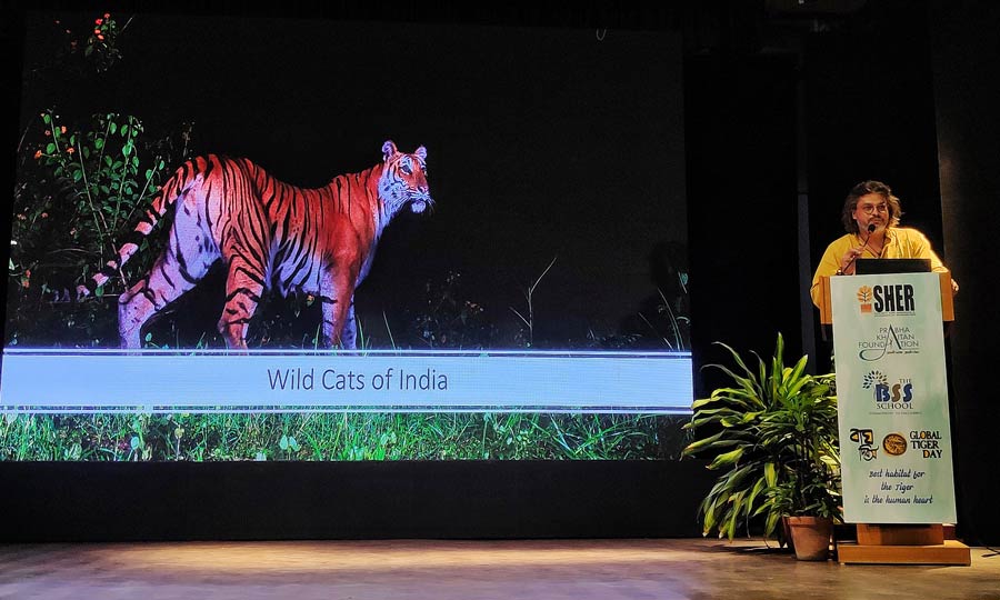 Wildlife photographer Shivang Mehta talks about his experience with the wild cats of India at an event held at the BSS School auditorium in south Kolkata on Tuesday.