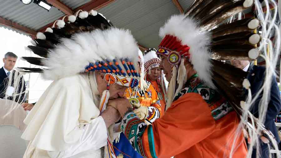 Pope Francis was gifted a traditional headdress made by Willie Littlechild, an indigenous activist
