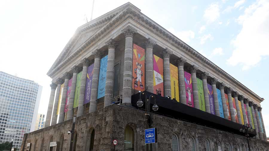 Birmingham Town Hall all decked up for the game