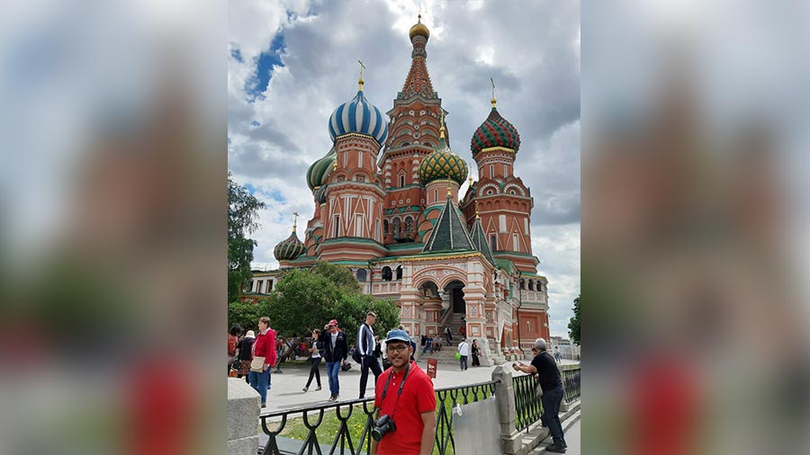 Aabesh Biswas in front of St. Basil's Cathedral, Moscow in Russia.