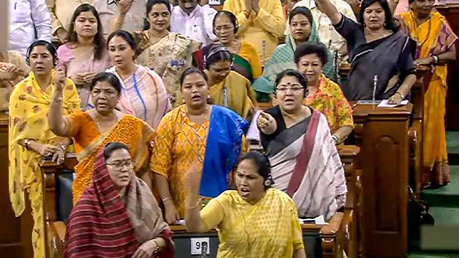 BJP members in the Lok Sabha on Thursday protest against Congress leader Adhir Chowdhury’s remark  on President Droupadi Murmu. 