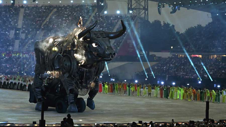 A giant mechanical raging bull during the opening ceremony of Commonwealth Games 2022 (CWG), at the Alexander Stadium in Birmingham, UK