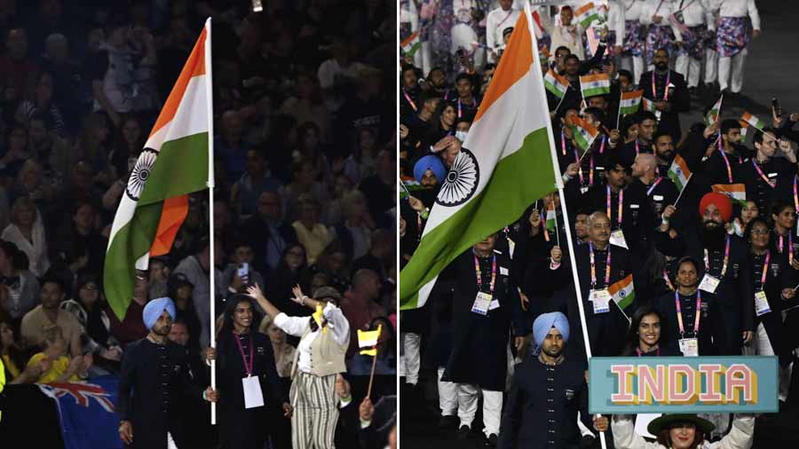 Joint- flagbearers PV Sindhu and Manpreet Singh lead the Indian contingent during the opening ceremony of Commonwealth Games 2022 (CWG), at the Alexander Stadium in Birmingham