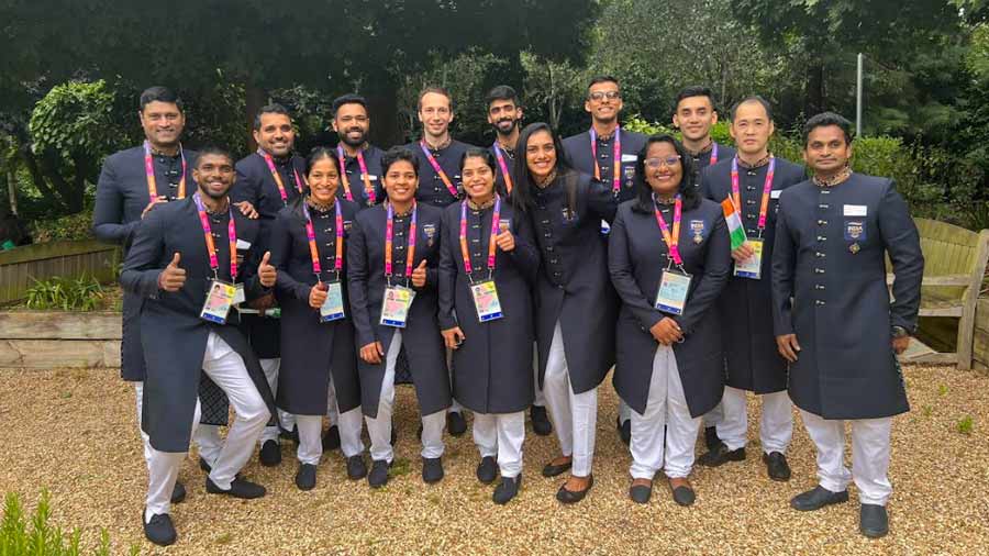 Olympic medallist PV Sindhu with the badminton contingent, ahead of the CWG 2022