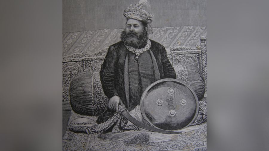 Lithograph print of Maharaja Lakshmeshwar Singh published in Graphic Magazine, 1888