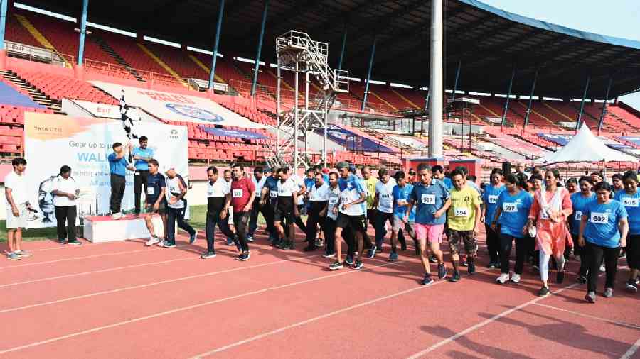 Jamshedpur residents take part in a walkathon at the JRD Tata Sports Complex on Friday. 
