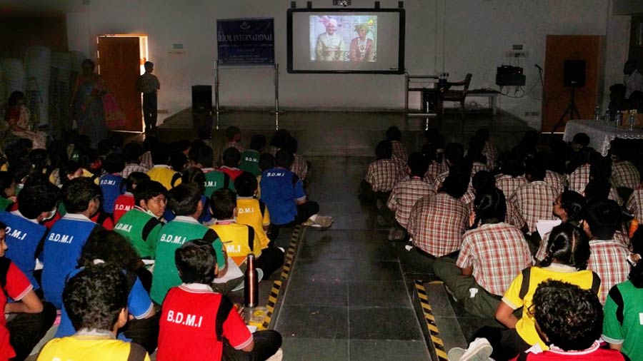 Students of BD Memorial International School and Indus valley World School watch the children’s classic ‘Goopy Bagha Phire Elo’.