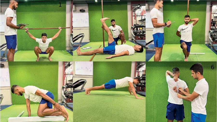 1. Deep squat 2. In-line lunge 3. Active straight-leg raise 4. Rotary stability 5. Trunk stability Push-up 6. Shoulder mobility