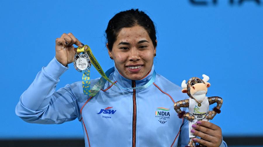 Bindyarani Devi Sorokhaibam wins silver medal after in the women's 55kg weightlifting category match 