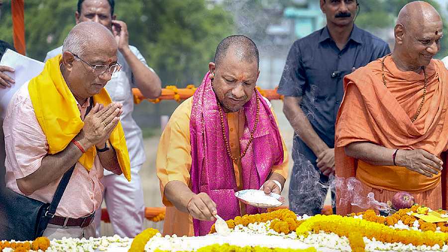 Uttar Pradesh Chief Minister Yogi Adityanath during laying of foundation stone of the sanctum sanctorum of the Ram temple, in Ayodhya