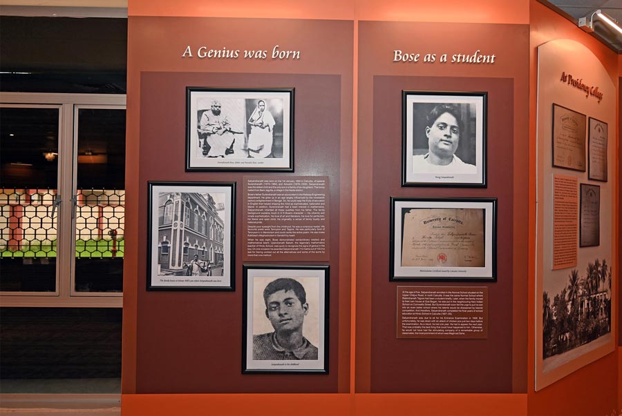 This space chronicles Bose’s life in its entirety. The first section focusses on his childhood in Kolkata, with a picture of the Bose family’s Iswar Mill Lane house where he was born. The section also sheds light on his prodigious academic beginnings in school