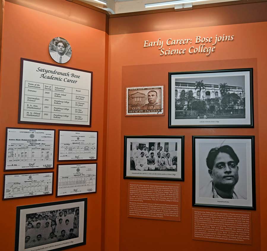 The education section extends to Bose’s years as a standout student at Presidency College and Calcutta University Science College, and the archive shows his degrees from the institutes, along with his academic chart. Interestingly, it was during his time at Presidency College where he was first introduced to Meghnad Saha, who would go on to become an integral part of his life