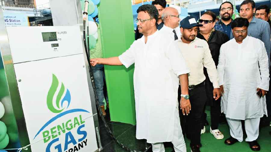 Transport minister Firhad Hakim inaugurates the CNG station in Kasba on Wednesday