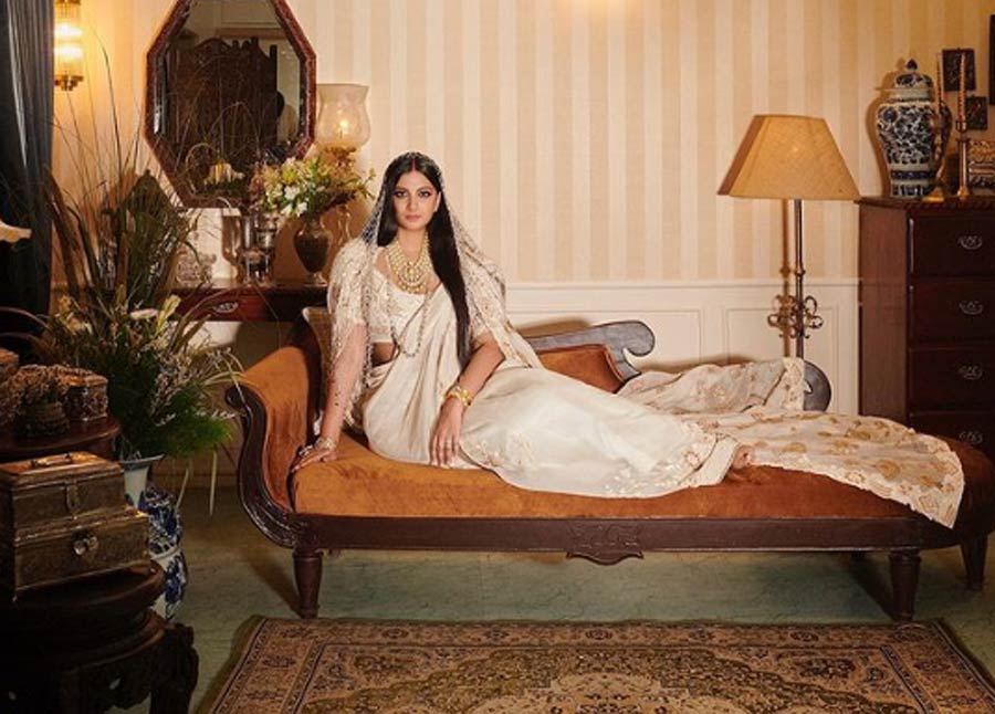Statement sari: A white bridal sari gives you the room to channel your personal aesthetic. Pick custom detailing like Rhea Kapoor’s white-and-gold Anamika Khanna sari or maybe a modern veil  