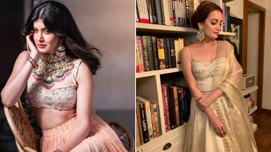Bustiers: If you’re planning on a heavy lehenga bottom with ornate zari work, go for a white bustier-style blouse. Take a cue from Shanaya Kapoor’s Ridhi Mehra number and opt for a slinky top or explore something like Dia Mirza’s classic bustier 