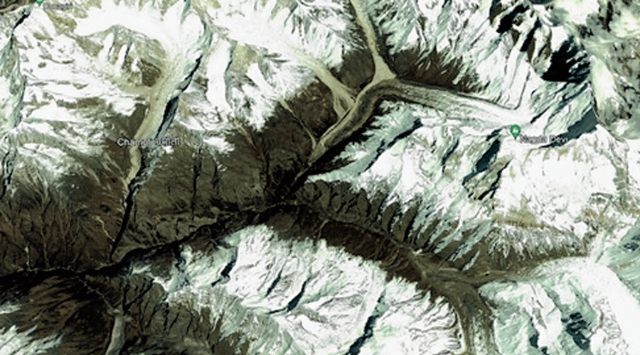 The significant reduction in snow cover area and the shrinking of glaciers  (snow cover is visible in white) spanning Nanda Devi, Nanda Khat and Chamoli in Uttarakhand as shown in Landsat Series remote sensing pictures from 2005.