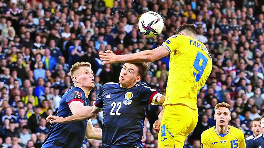 Roman Yaremchuk scores Ukraine’s second goal against Scotland during the World Cup qualifier at Hampden Park in Glasgow on Wednesday. 