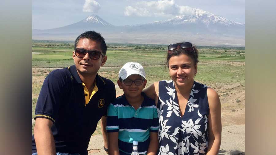 Tolly Club really kickstarts my dayNiloy with his son Aadit and his wife Esha Nag on Mount Ararat in Armenia