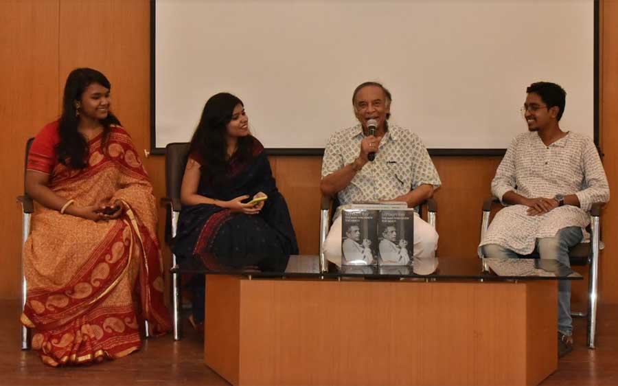 (Third from right) Actor-turned-author Barun Chanda discusses his latest book ‘Satyajit Ray: The Man Who Knew too Much’ with students of Presidency University on Friday.