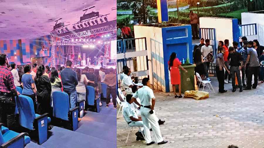 The college fest inside the auditorium (left) and passes being checked at the gate of Nazrul Mancha on Friday.