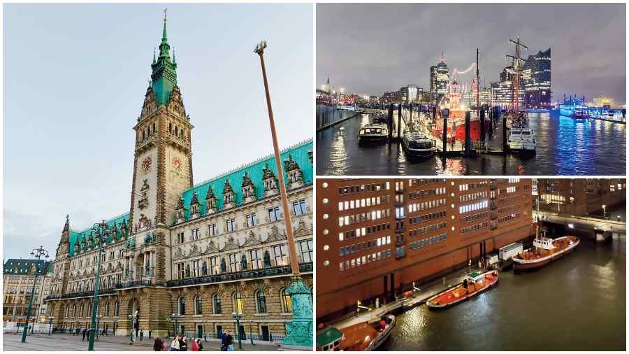 (Clockwise from left) The Rathaus (town hall) in the city centre;  The buzzing riverside scene at night; Hamburg city centre at night