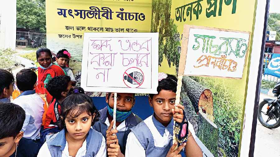 Children at Friday’s rally, ahead of World Environment Day on Sunday. 
