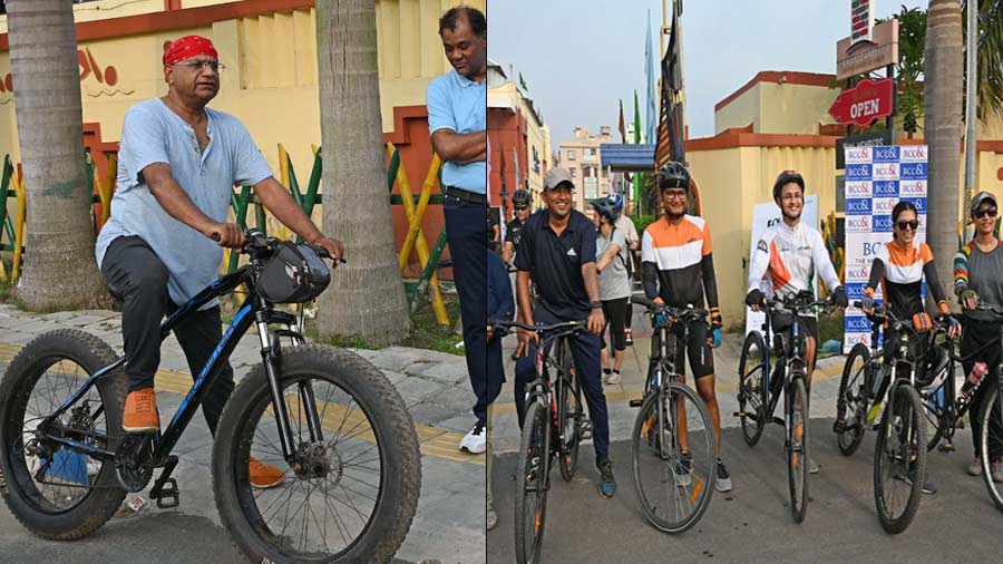 (Left) Dr Alok Roy, chairman of Medica Hospitals, inspired awe with his massive mountain bike. ‘The cool weather helped celebrations for World Bicycle Day and World Environment Day. The event took care of health and wealth, besides providing immense satisfaction,’ he said; (R) This group of cycling enthusiasts drew attention with their coordinated jerseys