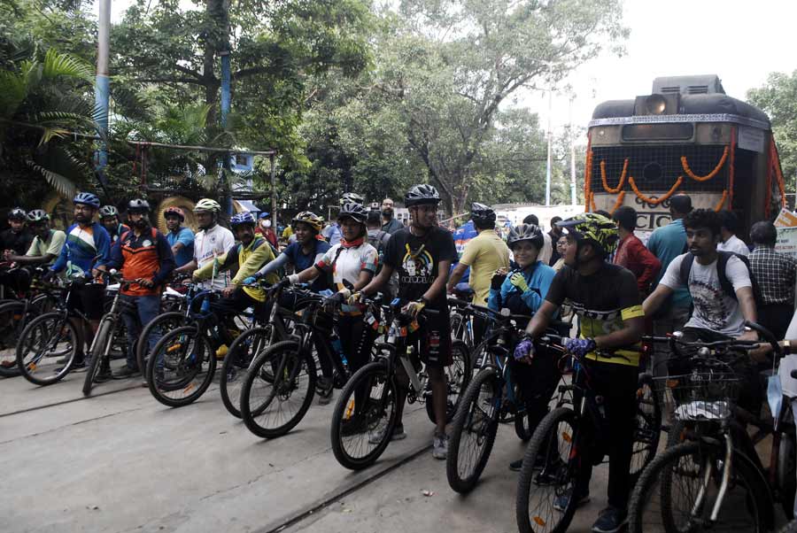 Participants in a cycle rally arranged to promote trams and cycles as eco-friendly modes of transport in the city on Sunday.