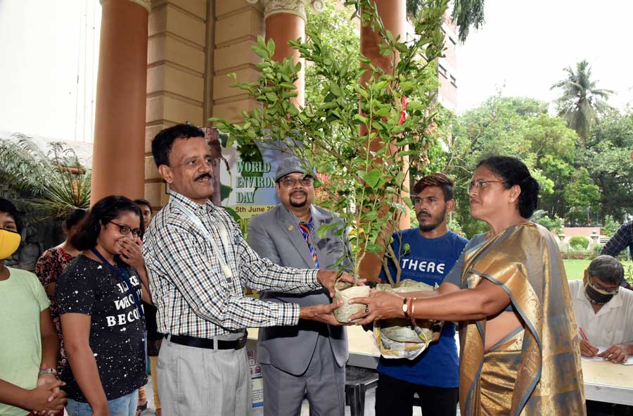 Birla Industrial & Technological Museum (BITM) director V. S. Ramachandran and Nabarun Ghosh received the first sapling at the World Environment Day programme at BITM on Sunday.