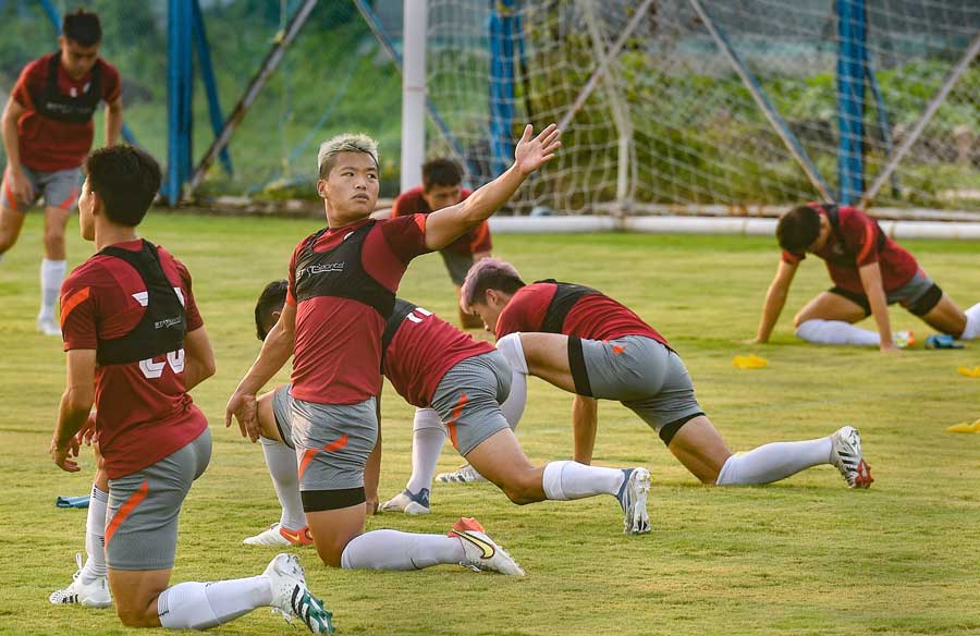 Hong Kong national football team players during their training session on the eve of their match against Afghanistan in AFC Asian Cup 2023 Qualifiers at Salt Lake Stadium on Tuesday.