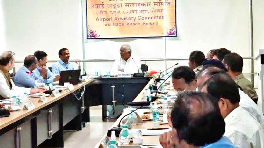Saugata Roy and others at the meeting of the Kolkata airport’s advisory committee on Tuesday