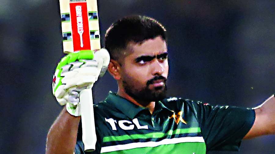 Pakistan captain Babar Azam after completing his century against the West Indies on Wednesday.