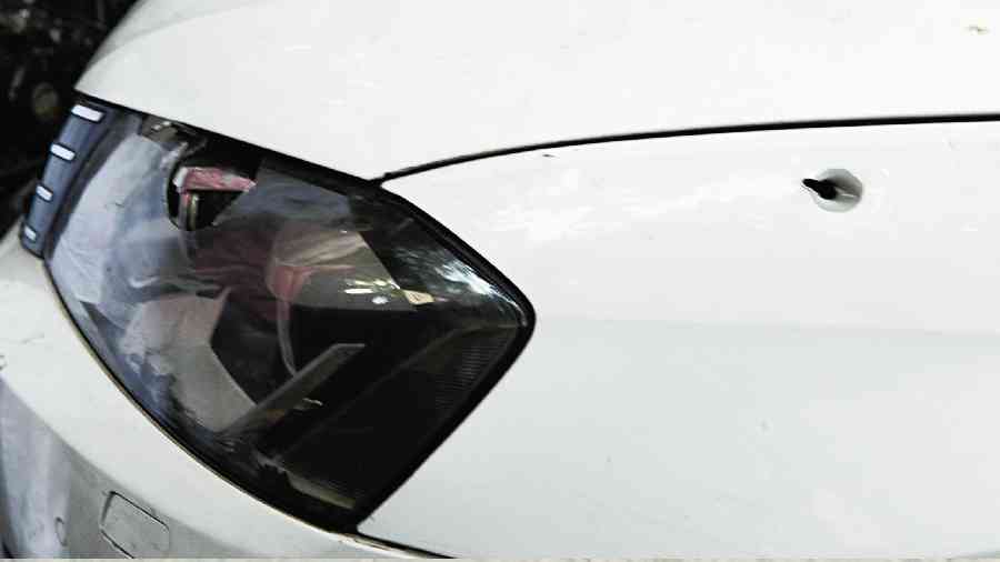 A hole in a car caused by a bullet allegedly fired by constable Chodup Lepcha. 
