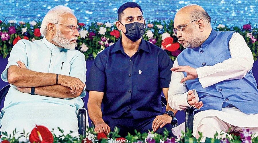 Prime Minister Narendra Modi and home minister Amit Shah at an event in Ahmedabad on Friday.