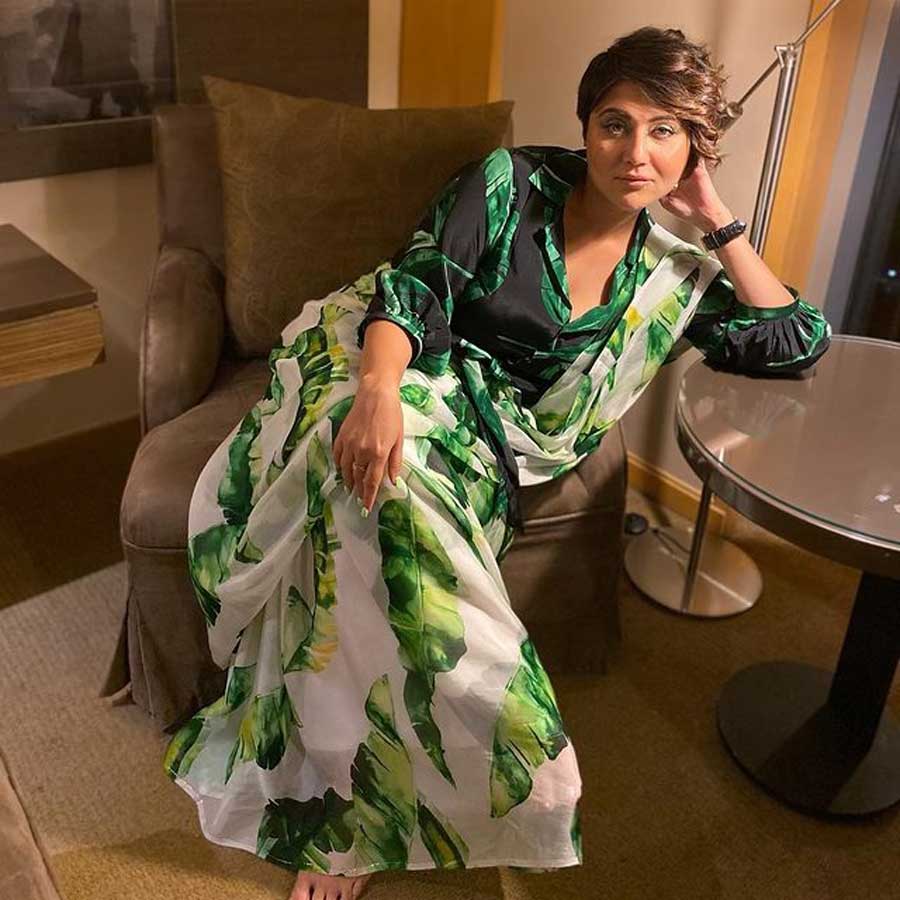 Swastika Mukherjee: Take a cue from this Tollywood leading lady on how to increase your quirk quotient by wearing print-on-print. While the hues of green complement each other, Swastika’s look is taken to the next level by skipping the blouse and wearing a shirt. The look is edgy and modern and totally wearable!