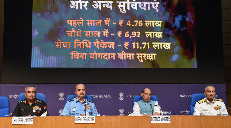 Union Defence Minister Rajnath Singh with three services chiefs General Manoj Pande (Army), Air Chief Marshal VR Chaudhari and Admiral R Hari Kumar (Navy) during a press conference at National Media Center, in New Delhi on Tuesday.