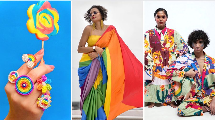 (L-R) Tonoto's Pride rings, Suta’s Pride Flag sari, Bobo Calcutta’s Colour Collection 