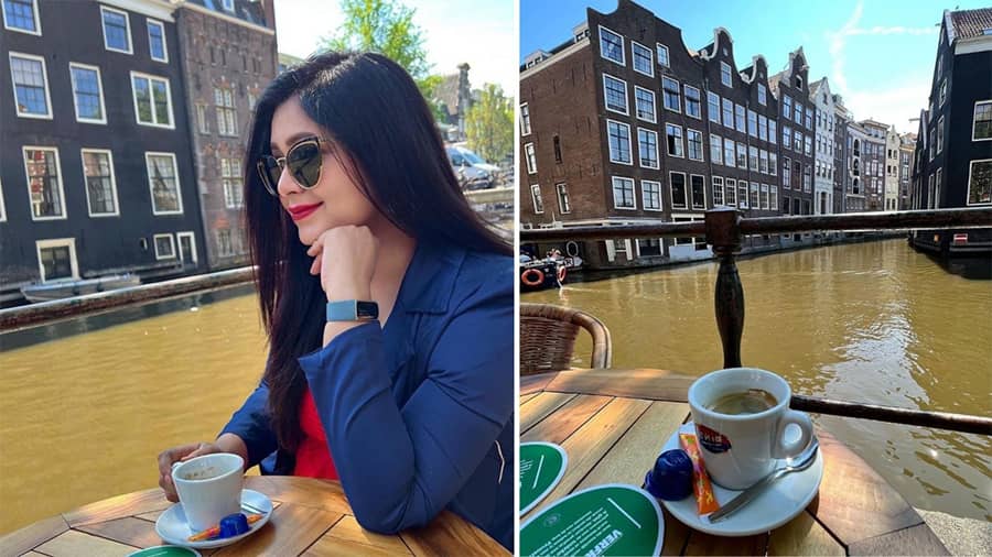 What could be better than enjoying a cuppa with a view? A perfect shot for an Insta post. Ritabhara chills out in style in Amsterdam. #wanderlust 
