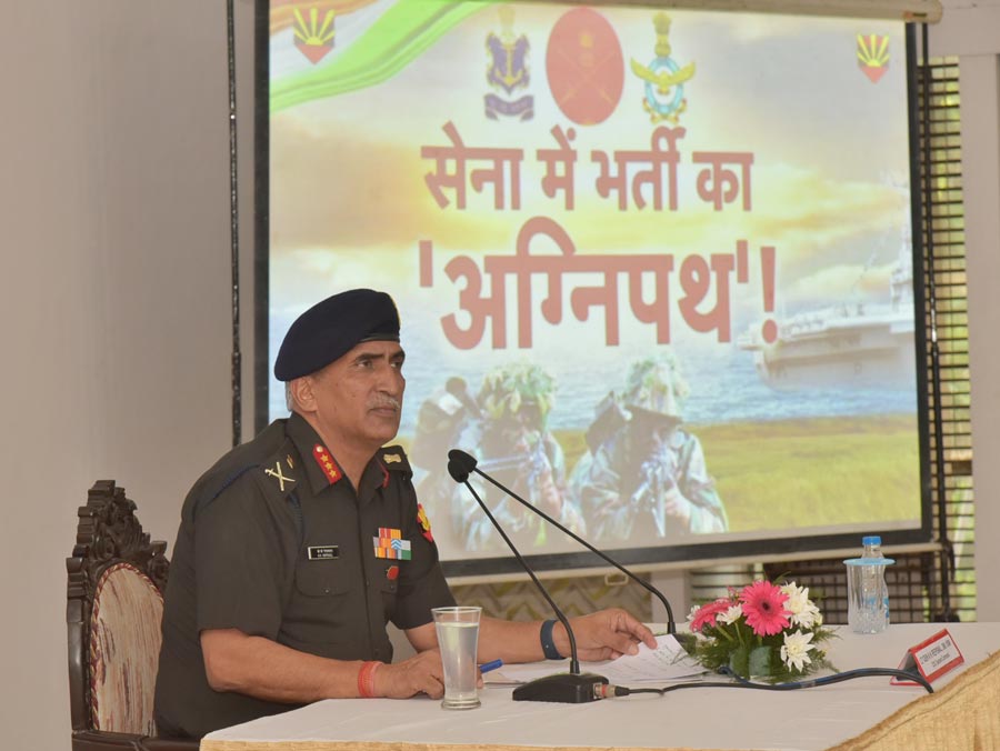 Lt General K. K. Repswal holds a press brief regarding ‘Agnipath’, the Union government’s new recruitment scheme in the Armed Forces, at Fort William on Wednesday. 