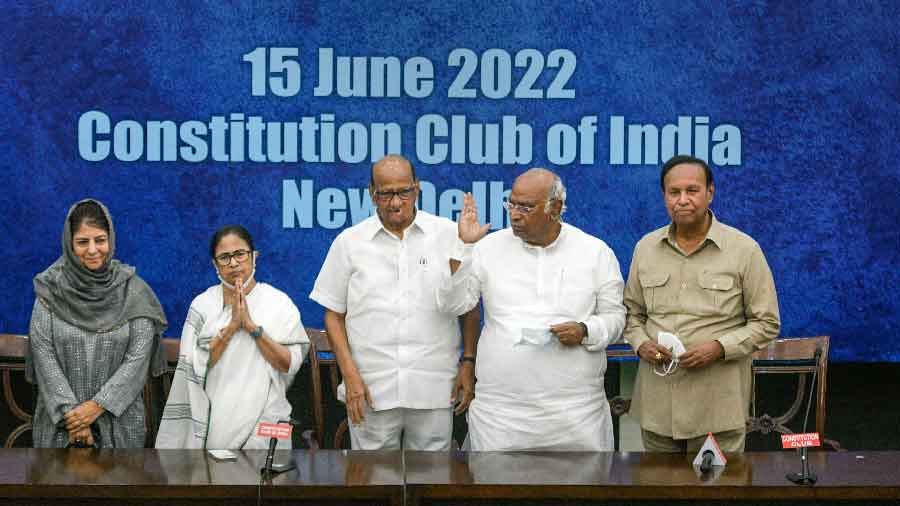 Opposition leaders at a press conference after the meeting on Presidential poll in New Delhi on Friday