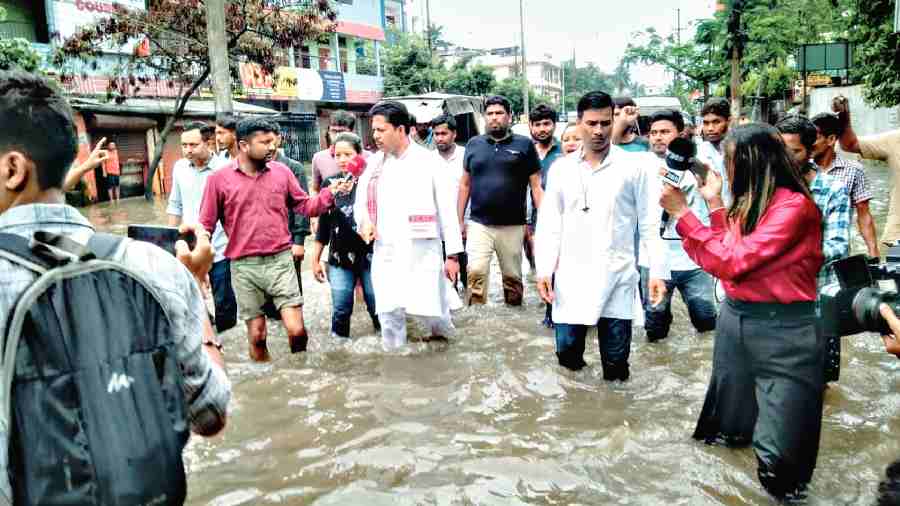 Assam PCC president takes stock of the flash flood situation in Guwahati on Wednesday.