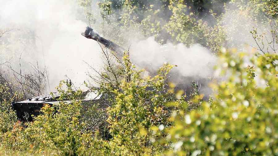 Smoke rises from a self-propelled howitzer belonging to pro-Russian troops during clashes in Sievierodonetsk, Luhansk region of Ukraine.