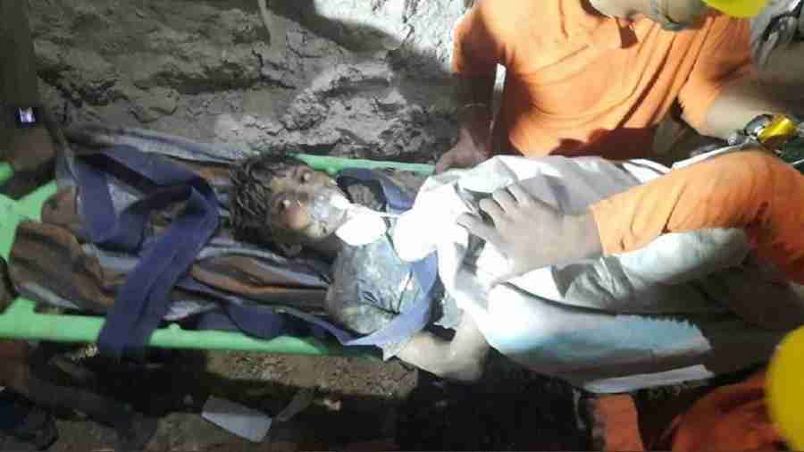 Rahul Sahu after he was rescued in Chhattisgarh’s Pihrid village on  Tuesday night.