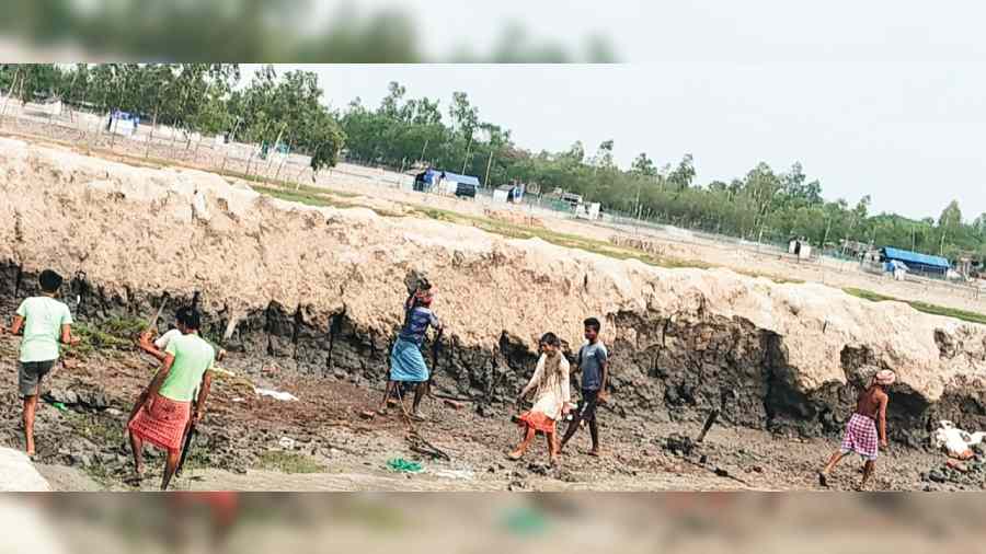 Labourers repair a dyke in Hingalganj, North 24-Parganas district, in a project under the irrigation department on Wednesday.