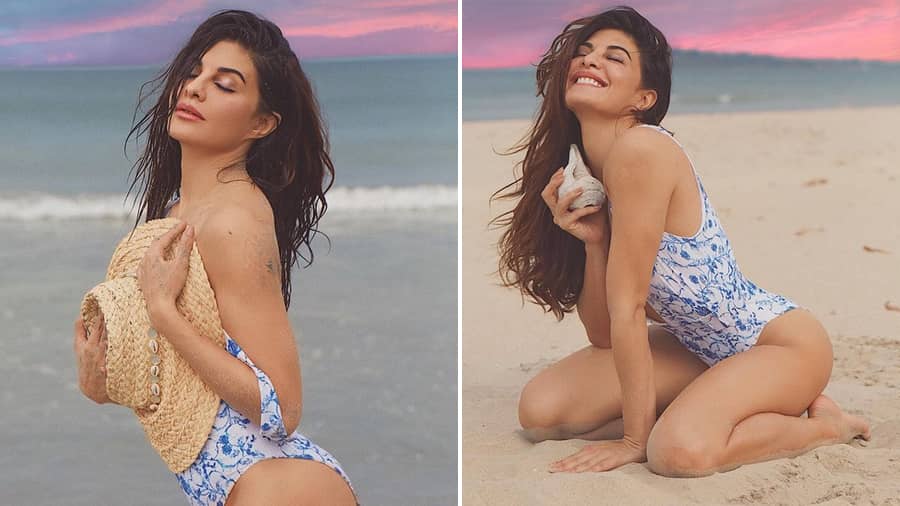 Jacqueline Fernandez: This is one gorgeous woman under a gorgeous sky. The wet hair and the blue-and-white swimwear are must notes for any seaside lookbook.