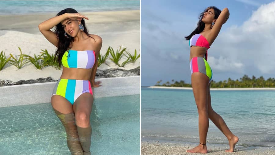 Sara Ali Khan: Sun, sea, sands and Sara — we can’t stop crushing on the colourful tube number and the statement earpiece.